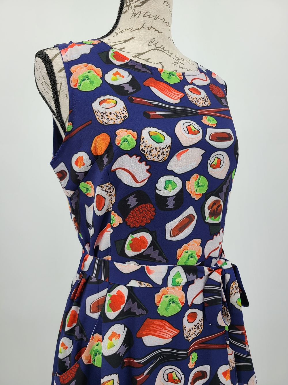 Unique Vintage Navy Sushi Print Sleeveless Dress Size Small